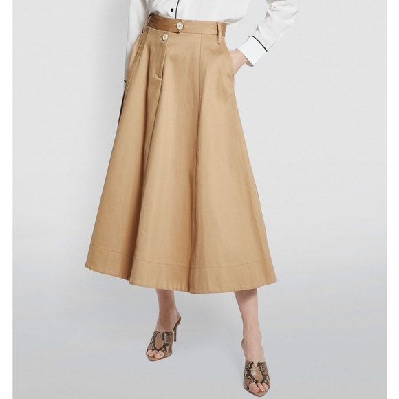 TOMMY HILFIGER Khaki Embroidered Crest Cotton Twill Pleated Chino Midi Skirt L - Picture 6 of 14